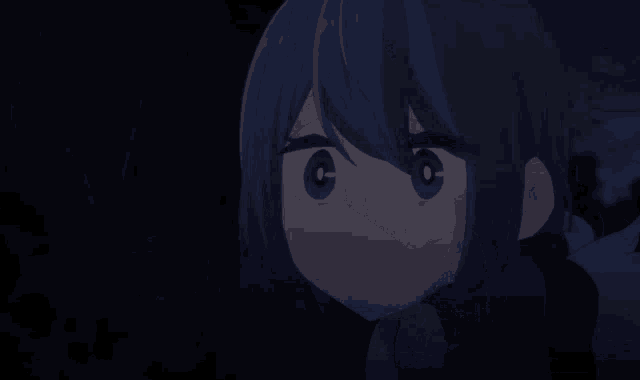 a close up of a girl with blue hair making a surprised face .