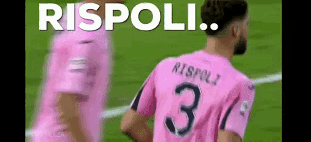 a soccer player wearing a pink jersey with the number 3 on it is standing on the field .