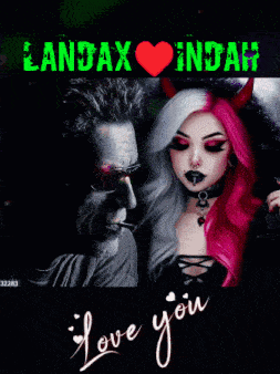 a man smoking a cigarette next to a woman with red horns and the words landax indah