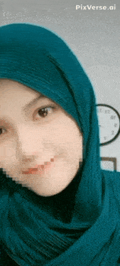 a pixelated image of a woman wearing a blue hijab and a clock behind her