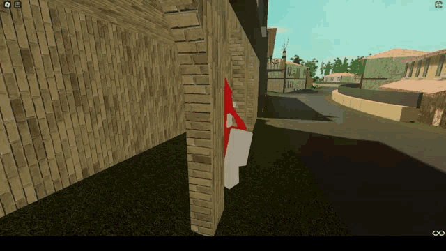 a screenshot of a video game shows a brick wall with a red arrow on it