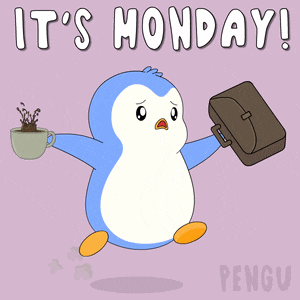 a penguin holding a cup of coffee and a briefcase with the words it 's monday