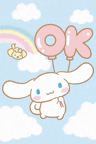 a cartoon bunny is holding a pink balloon with the word ok on it .