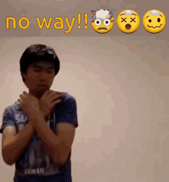 a man in a hawaii shirt is standing in front of a wall with the words no way written on it