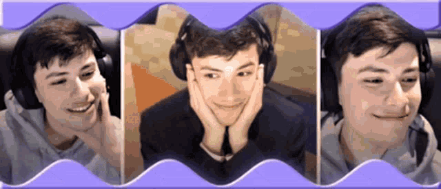 three images of a man wearing headphones and smiling