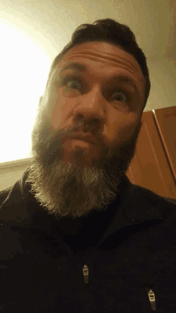 a man with a beard is wearing a black jacket with a zipper that says ' patagonia ' on it