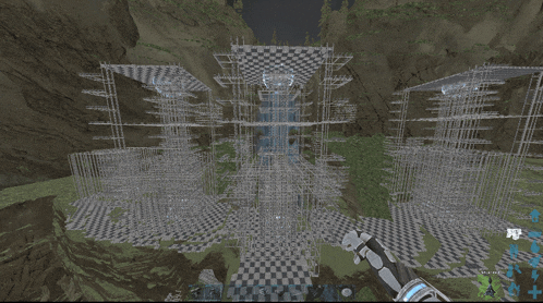 a screenshot of a video game shows a waterfall and a person holding a gun