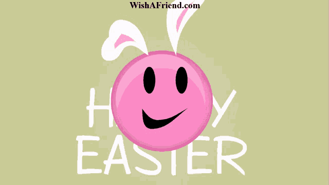 a pink smiley face with bunny ears and the words happy easter written below it