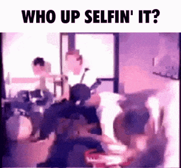 a group of people playing instruments in a room with the words who up selfin ' it