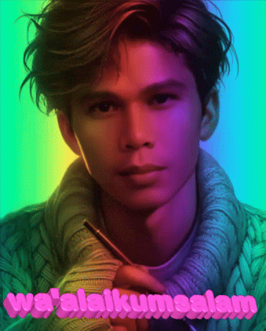 a picture of a young man with a rainbow background and the words waalaikumsalam