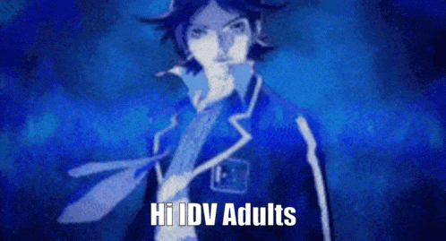 a man in a blue suit and tie with the words hi idv adults above him