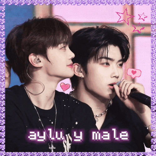 a picture of two men with the words by luy male on the bottom right