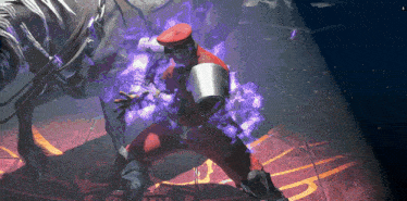 a man in a red uniform is holding a bucket of purple fire