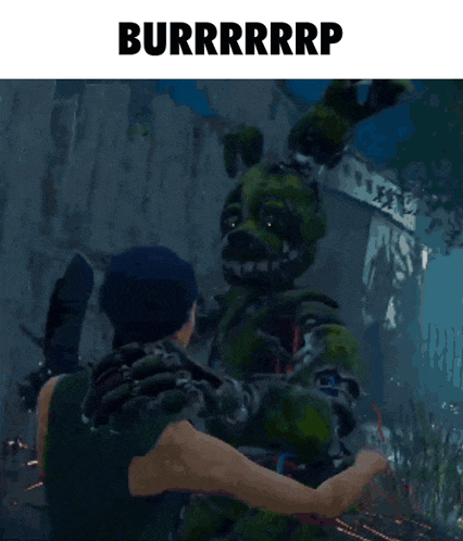 a man is hugging a green bunny with the words burrrrrrp below him