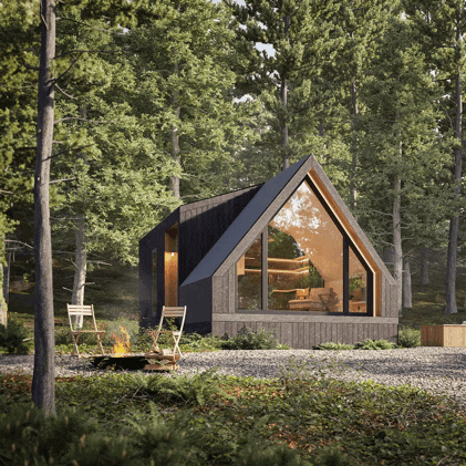 a small house with a fire pit in front of it