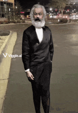 a man in a tuxedo is walking down a street with a viggle.ai logo in the lower right corner