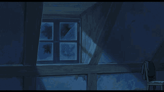 a dark room with a window and a chair