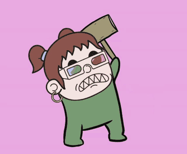 a cartoon girl wearing 3d glasses holds a sign