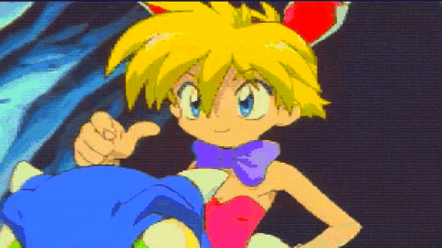 a cartoon girl with blonde hair and blue eyes is pointing at something