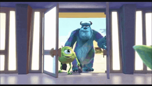 mike wazowski and sulley from monsters inc are standing in an open doorway
