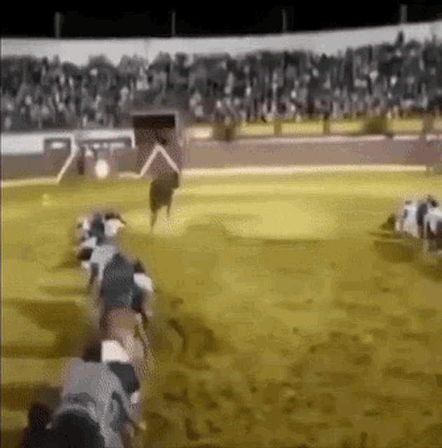 a group of people are watching a bullfight in a stadium .