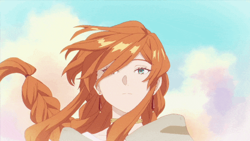 a drawing of a woman with long red hair and blue eyes