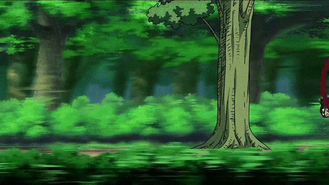 a cartoon drawing of a tree in a forest with a red object hanging from it