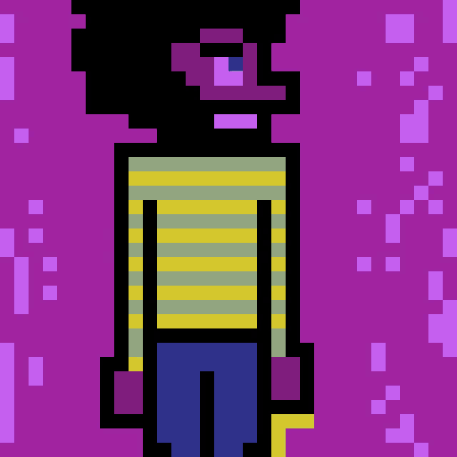 a pixel art drawing of a man in a yellow shirt and blue pants .