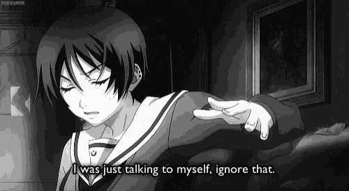a black and white image of a girl saying " i was just talking to myself "