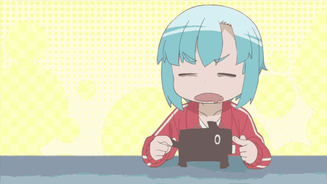 a girl with blue hair and a red jacket is playing a game
