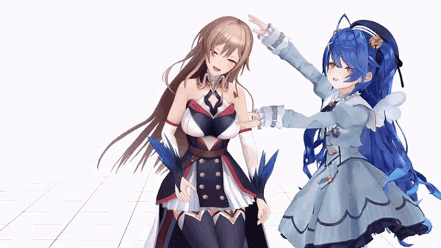 two anime girls are standing next to each other