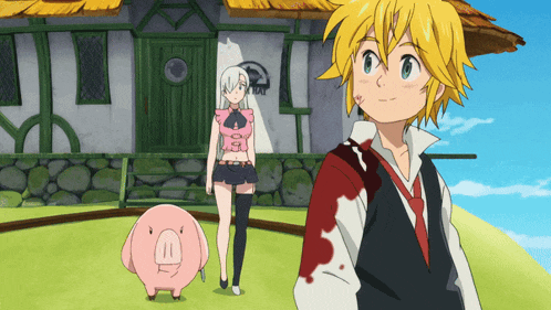 a couple of anime characters standing in front of a building