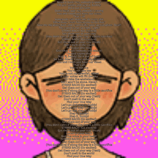 a cartoon drawing of a man with a song written on his face
