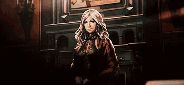 a woman with blonde hair is standing in front of a fireplace in a dark room