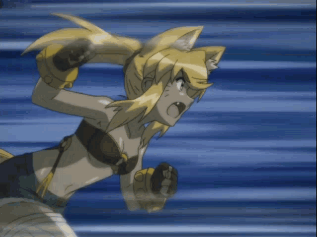 a cartoon character with a cat 's ears is running in a blue background