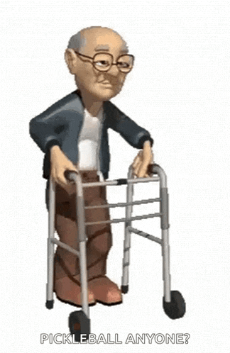 an elderly man is walking with a walker and asking if pickleball anyone .