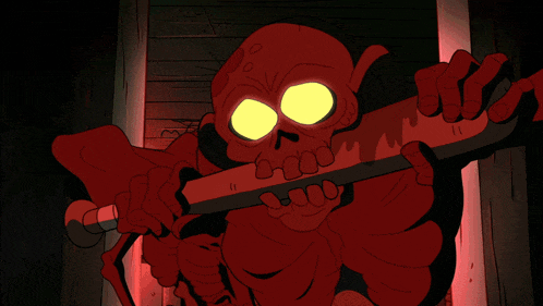 a cartoon of a red skeleton with yellow eyes and a fist