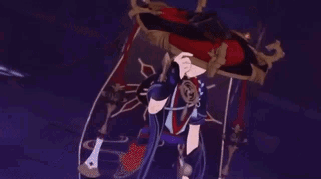 a purple and red anime character is holding a sword