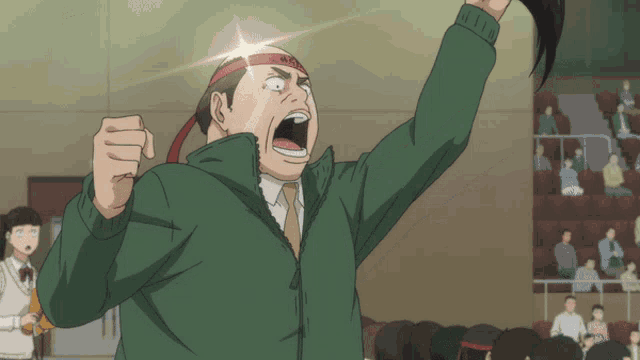 a man in a green jacket has a red headband that says ' ao ' on it