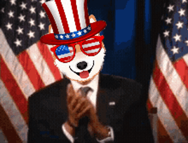 a dog wearing a uncle sam hat and sunglasses stands in front of an american flag