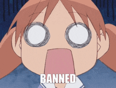 a cartoon girl with a surprised look on her face has the word banned written on her face