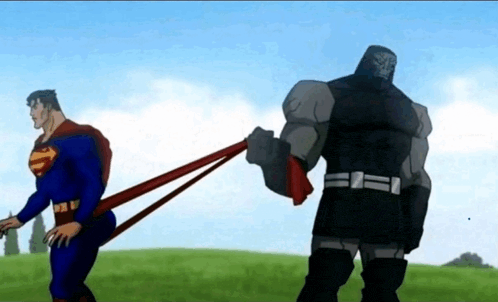 superman is being pulled by a rope by a larger superhero