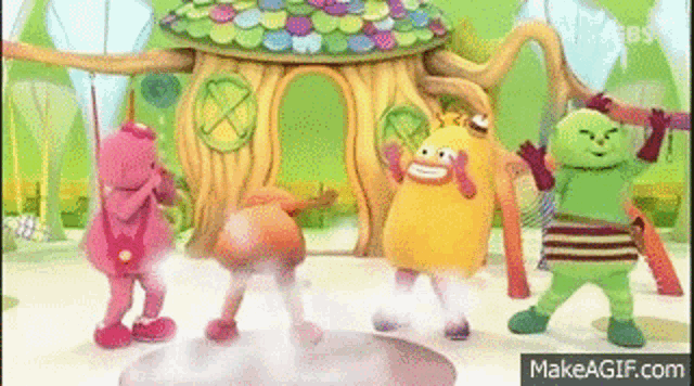 a group of cartoon characters are dancing in front of a house .