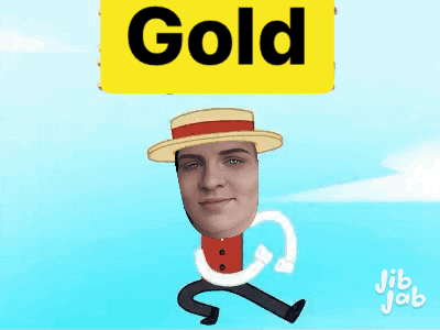 a man in a straw hat holds a yellow sign that says gold