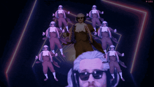 a man with sunglasses and a beard is surrounded by a bunch of people giving a thumbs up