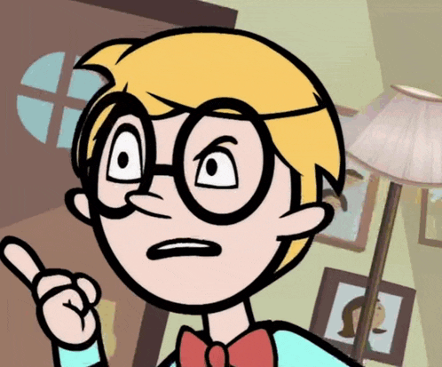 a cartoon character with glasses and a red bow tie points up