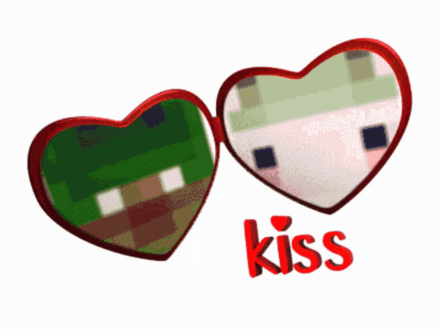 a pair of heart shaped sunglasses with the word kiss written in red