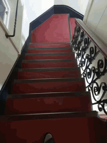 a set of stairs with a red carpet and a wrought iron railing