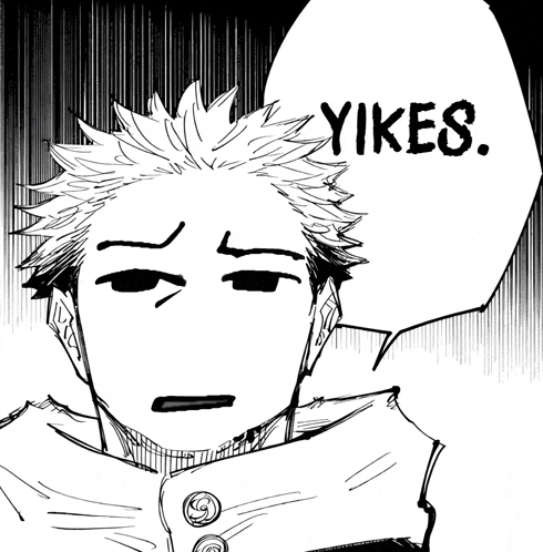 a black and white drawing of a man with a speech bubble that says " yikes "