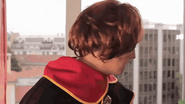 a person wearing a harry potter costume is looking out a window